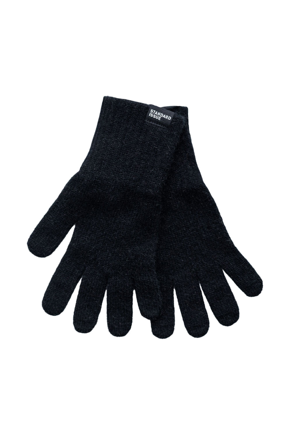 A pair of black gloves made of merino wool, possum down, and silk, displayed against a white background.