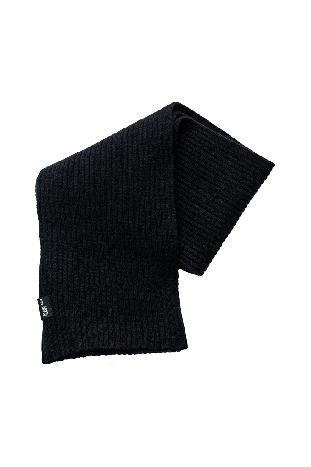 A black scarf made of merino, possum down, and silk, displayed flat on a plain background.