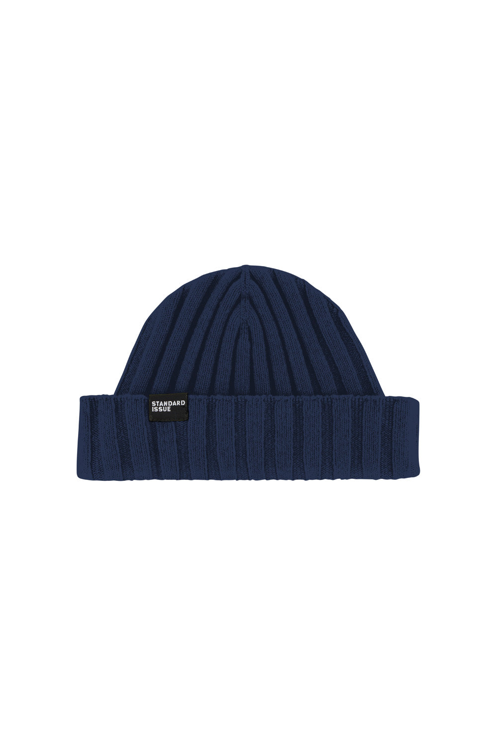 Navy blue cashmere beanie with a brand label on a white background
