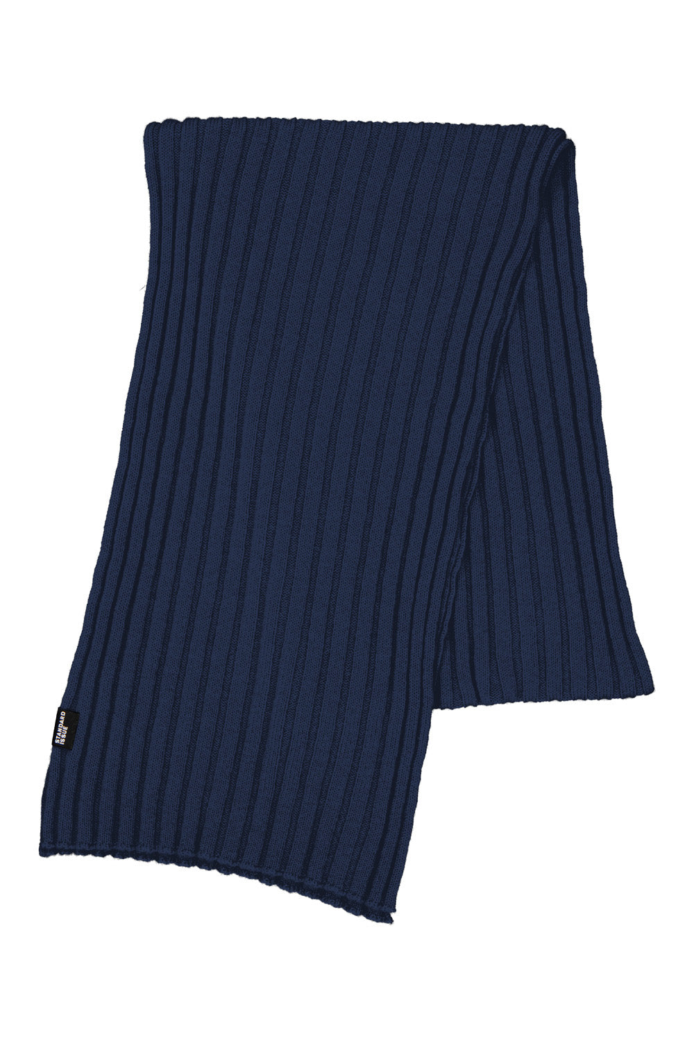 Navy blue ribbed cashmere scarf on a white background