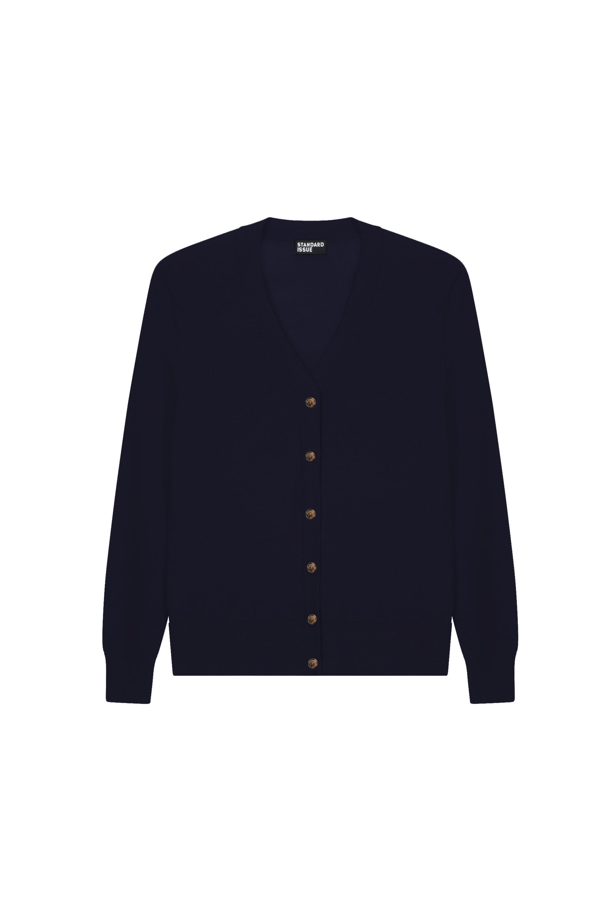 Dark navy long V-neck merino cardigan with button-down front.
