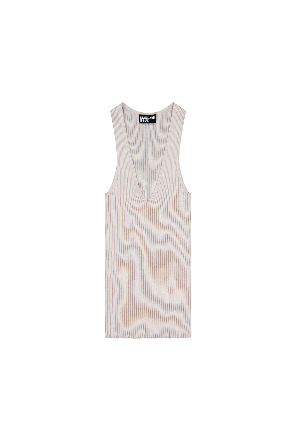 This image features a sleek, minimalist V-neck tank top in white, tailored from a light-weight 15gg merino wool.