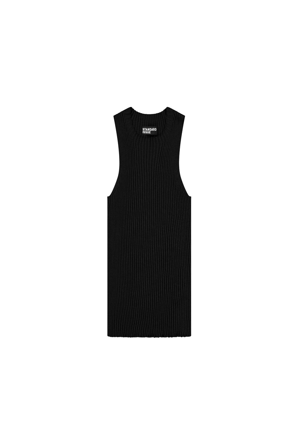 Black rib crew tank top against a white background.