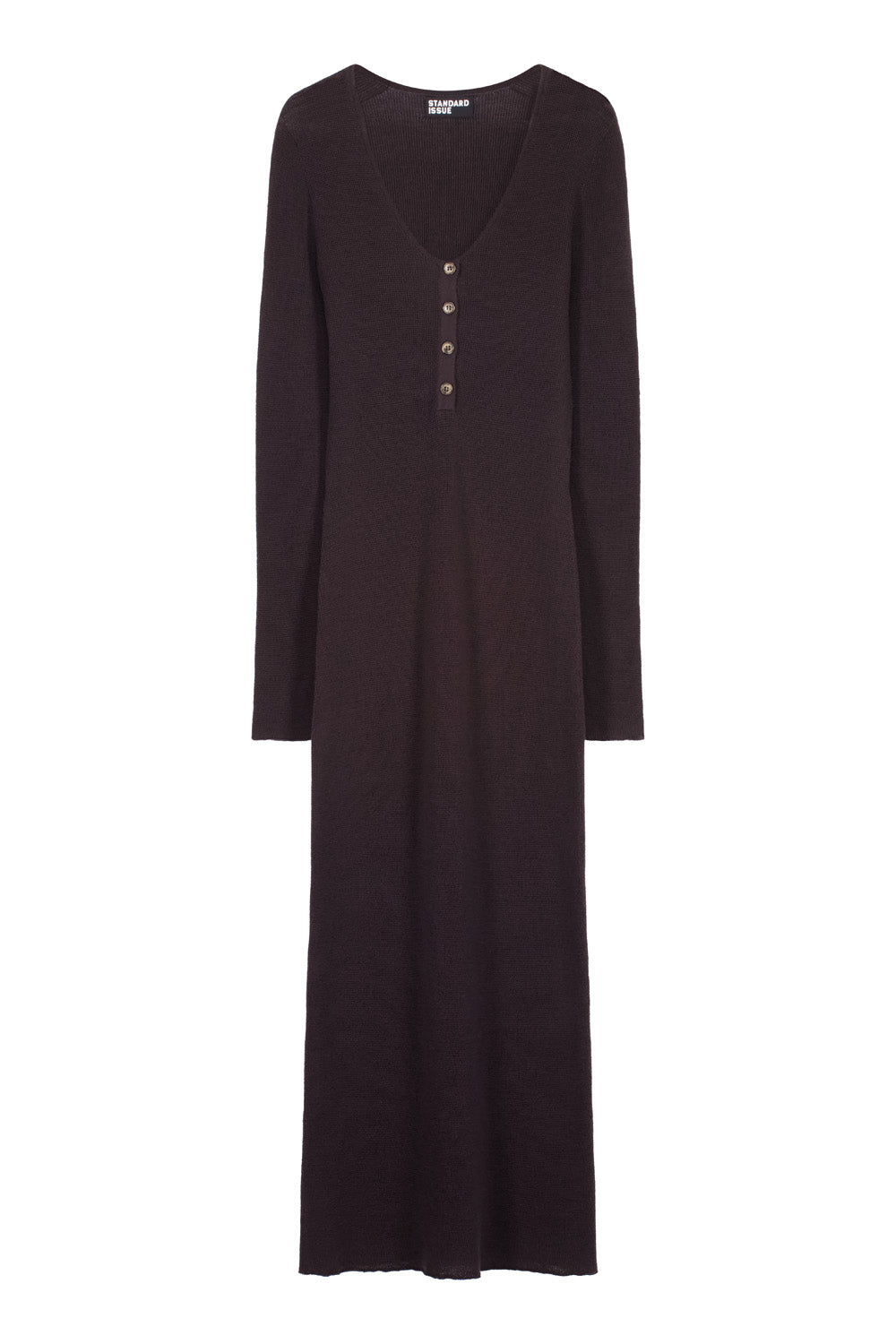 Long dark brown dress with buttons on a white background