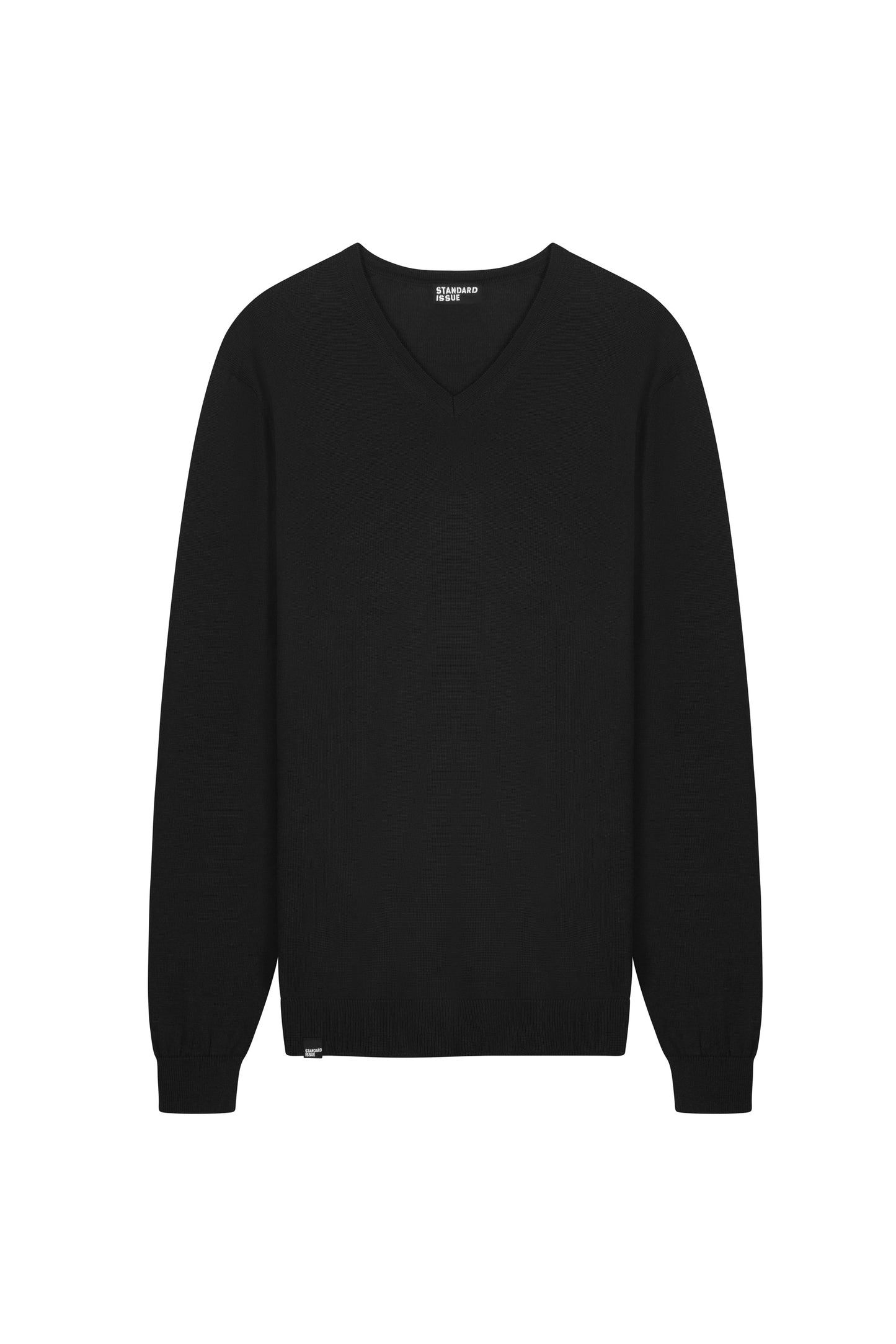 Mid-weight merino wool v-neck jumper in black.
