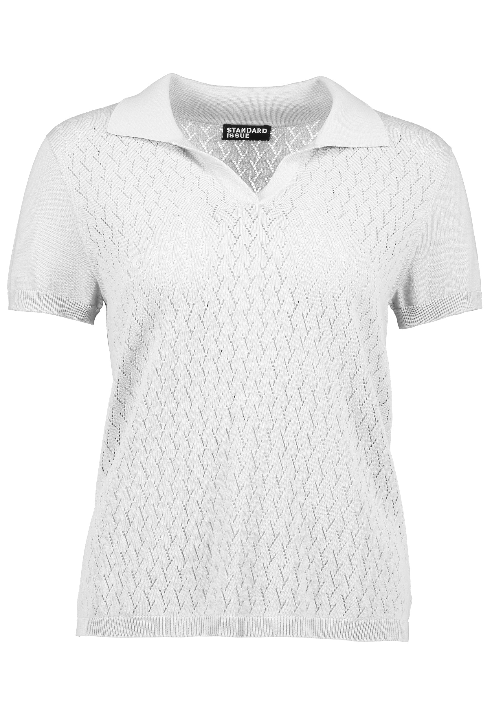 A white Standard Issue Cotton Foliage Polo tee.