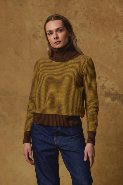 Standard Issue Possum Merino Funnel Neck Jumper in Anise/Canary (Yellow/Brown)