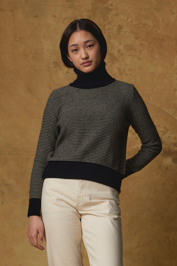 Standard Issue Possum Merino Funnel Neck Jumper in Black/Buff (Beige)