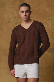 Standard Issue Universal Fit Cable Sweater in Grape Purple and Bracken Brown