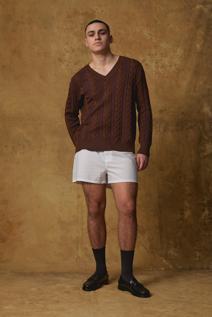 Standard Issue Universal Fit Cable Sweater in Grape Purple and Bracken Brown