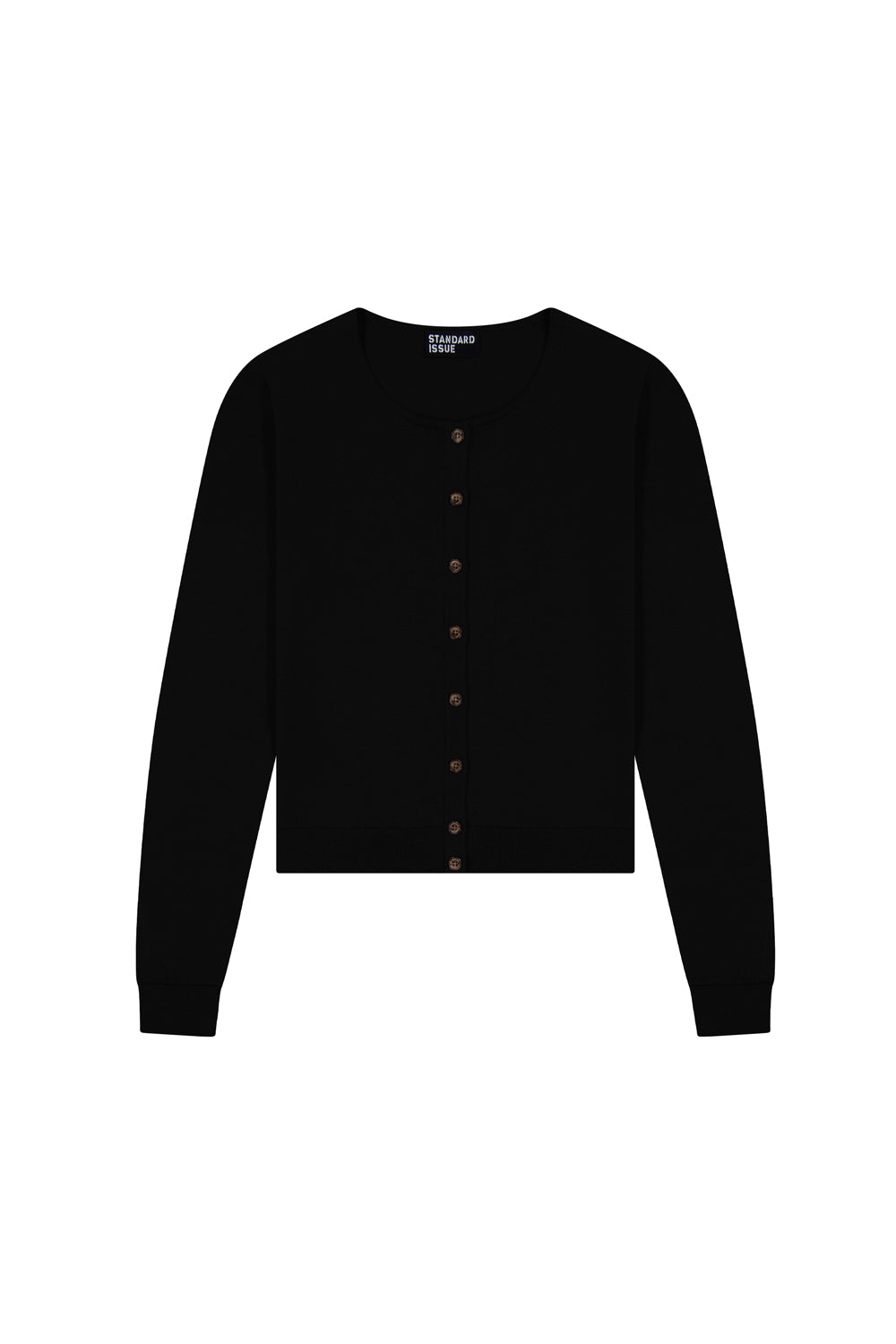 Black cardigan with brown buttons on a white background