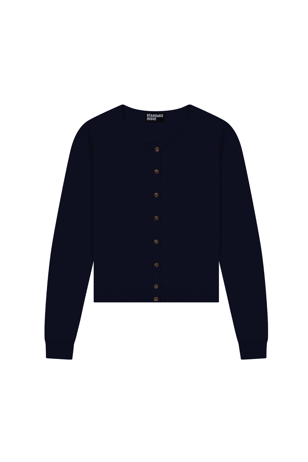 Navy blue cardigan with brown buttons on a white background