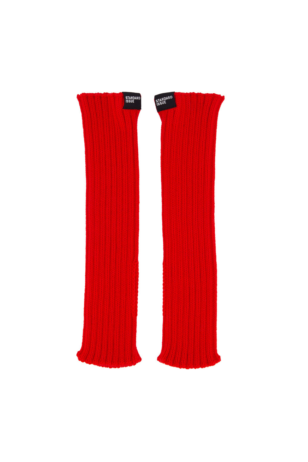 Pair of red ribbed fingerless mitten hand warmers on a white background
