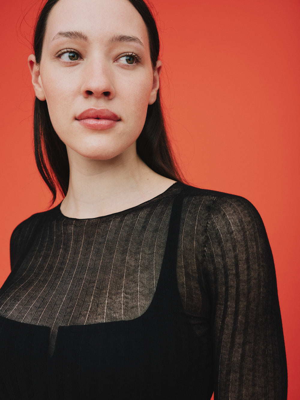 Woman wearing a black sheer tulle top against a red background