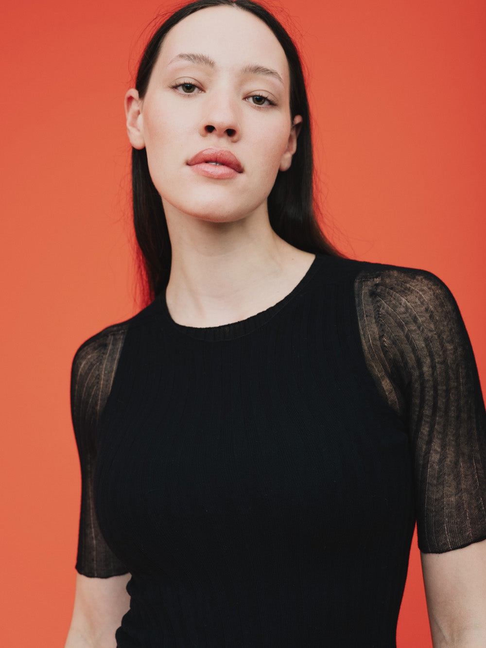 Woman wearing a sheer black tulle top against an orange background