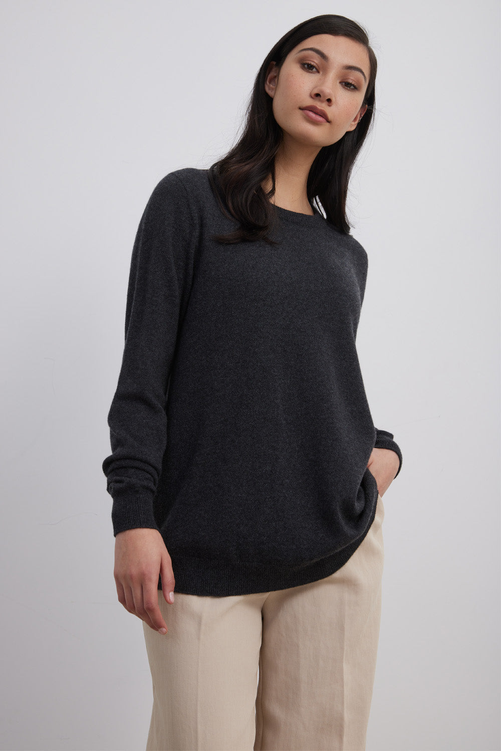 Model wearing Cashmere Swing Sweater in colour Carbon