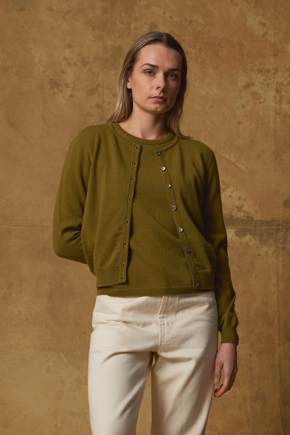 Standard Issue Cashmere Crop Cardigan in Purslane Green