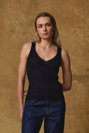 Standard Issue Women's V Neck Ribbed Top in Navy