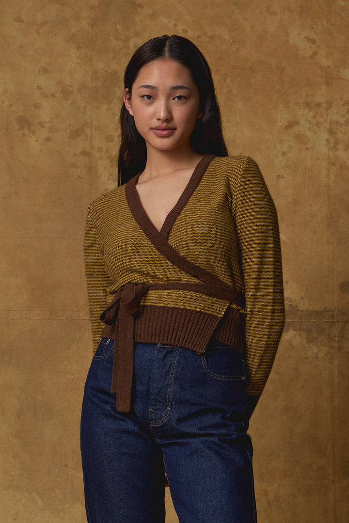 Standard Issue Possum Merino Wrap Cardigan in Anise/Canary (Yellow/Brown)