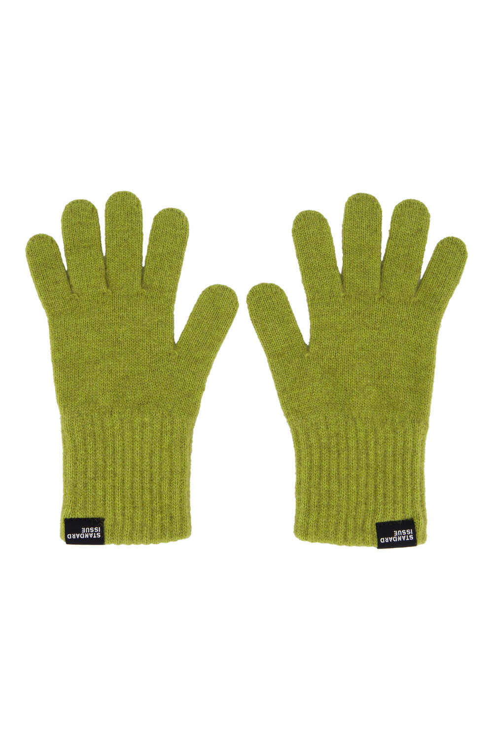 Pair of green gloves with brand labels on a white background