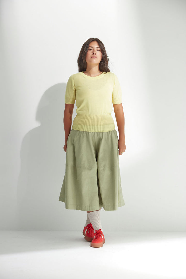 Woman wearing a light yellow top and green skirt on a white background