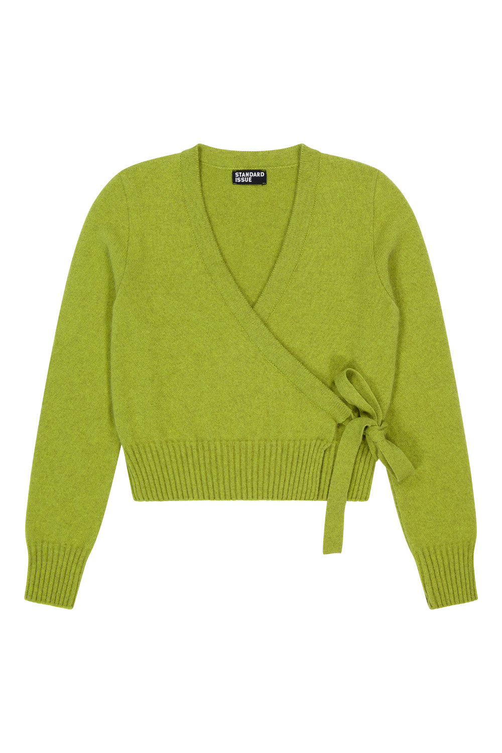 Green wrap sweater with a tie detail on a white background