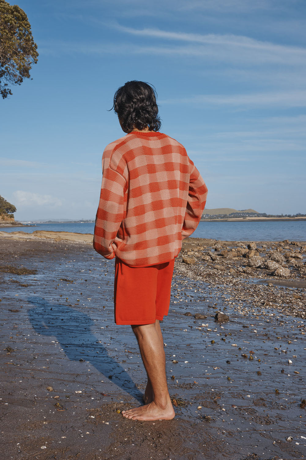 Man wearing a red and white checkered shirt and red shorts standing on a beach with his back to the camera.
