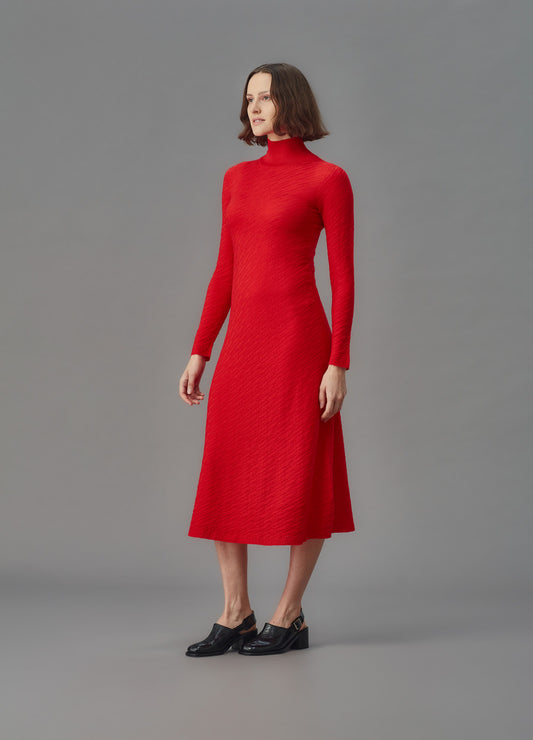 Woman wearing a red dress against a gray background