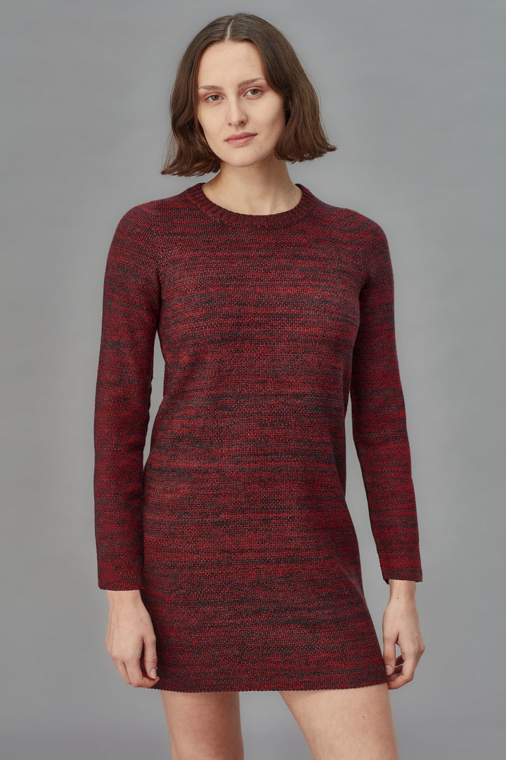 Woman wearing a red and black patterned dress against a gray background