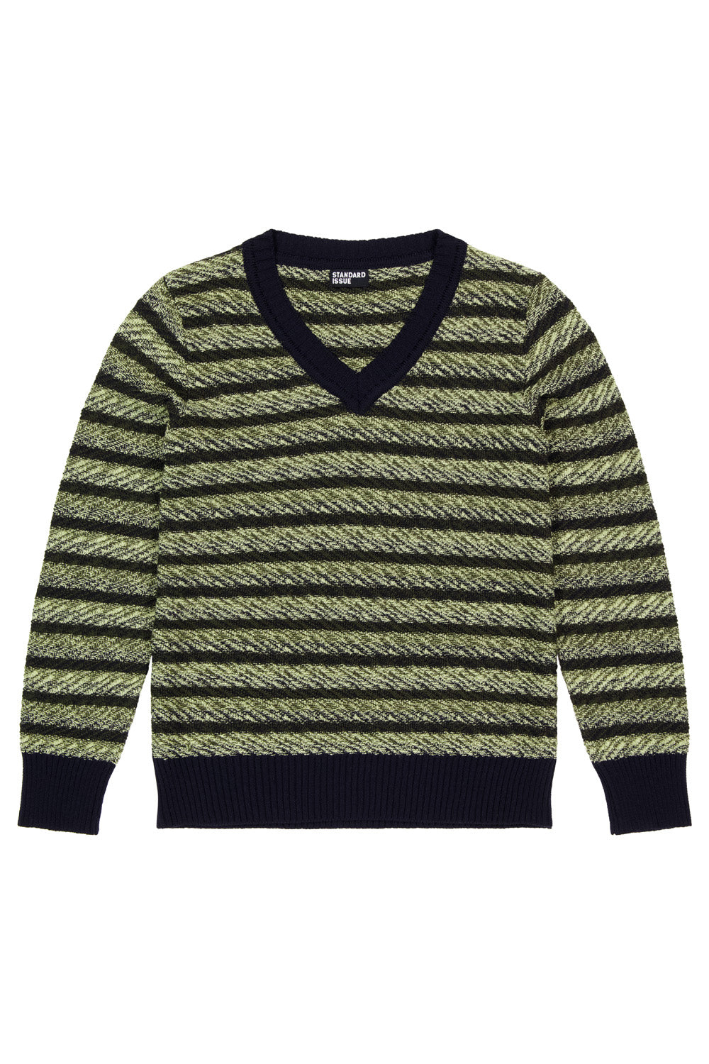 Green and black striped sweater on a white background