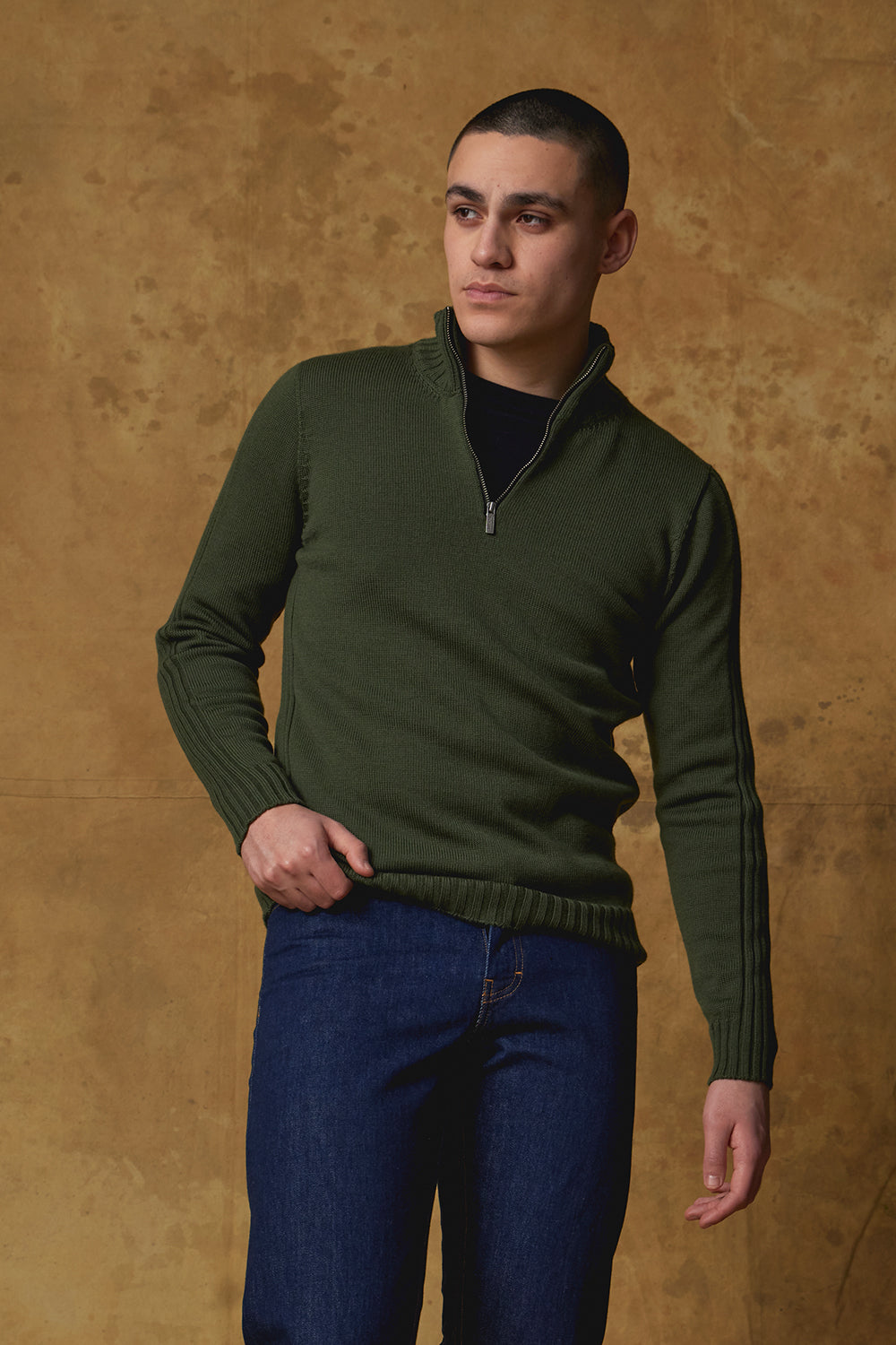 Standard Issue 1/4 Zip Collar Merino Jumper in Loden Green